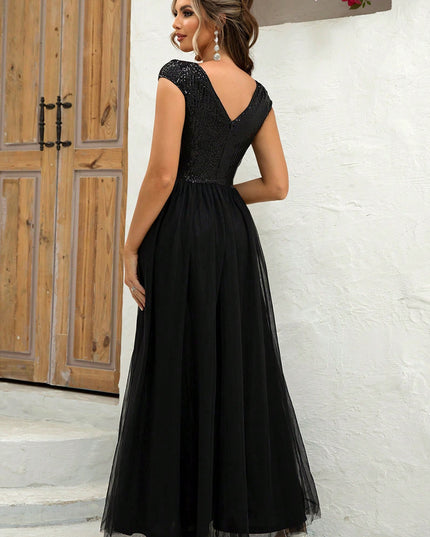 Sequin V-Neck Mesh Maxi Dress
