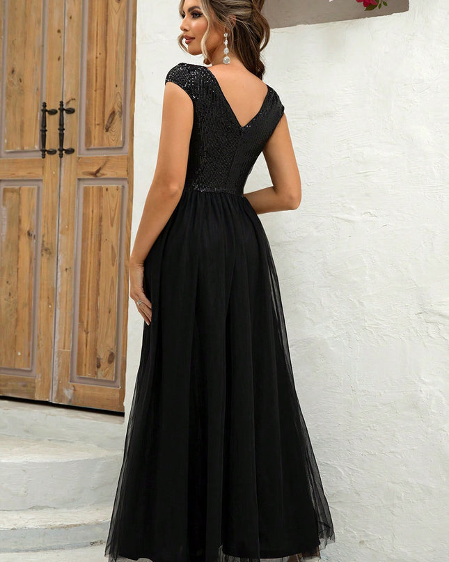 Sequin V-Neck Mesh Maxi Dress