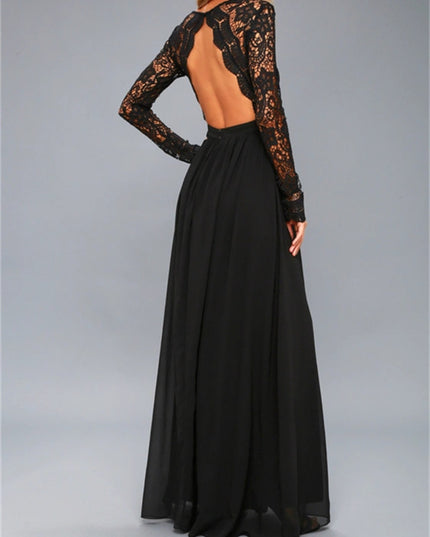 Lace Detail Backless Long Sleeve Maxi Dress