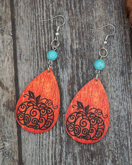 Turquoise Wooden Pumpkin Teardrop Earrings