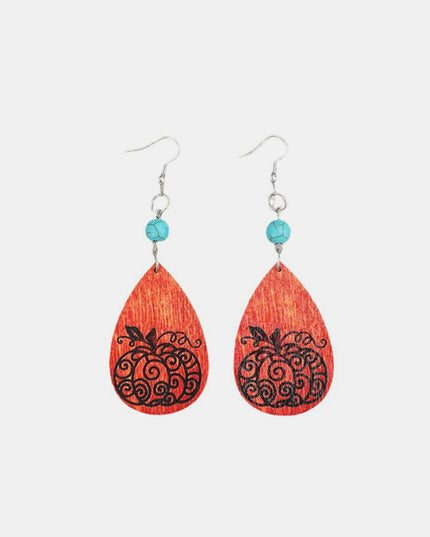Turquoise Wooden Pumpkin Teardrop Earrings