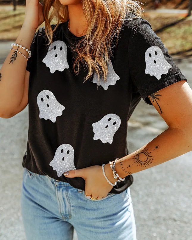 Glitter Ghost Round Neck Short Sleeve T-Shirt