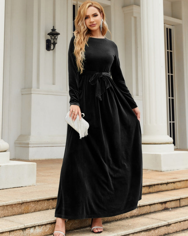 Tie Front Round Neck Long Sleeve Maxi Dress