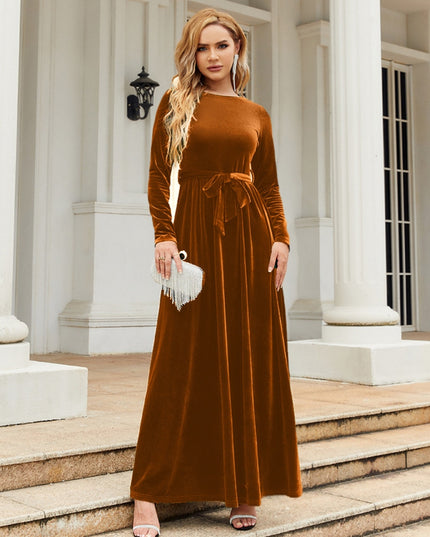 Tie Front Round Neck Long Sleeve Maxi Dress