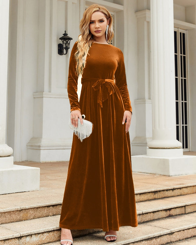 Tie Front Round Neck Long Sleeve Maxi Dress