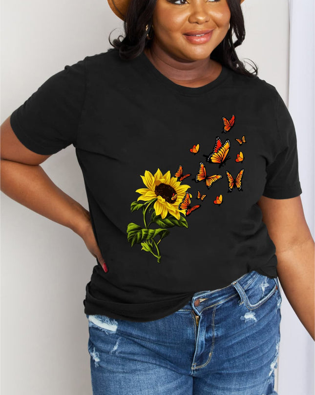 Simply Love Full Size Sunflower Butterfly Graphic Cotton Tee