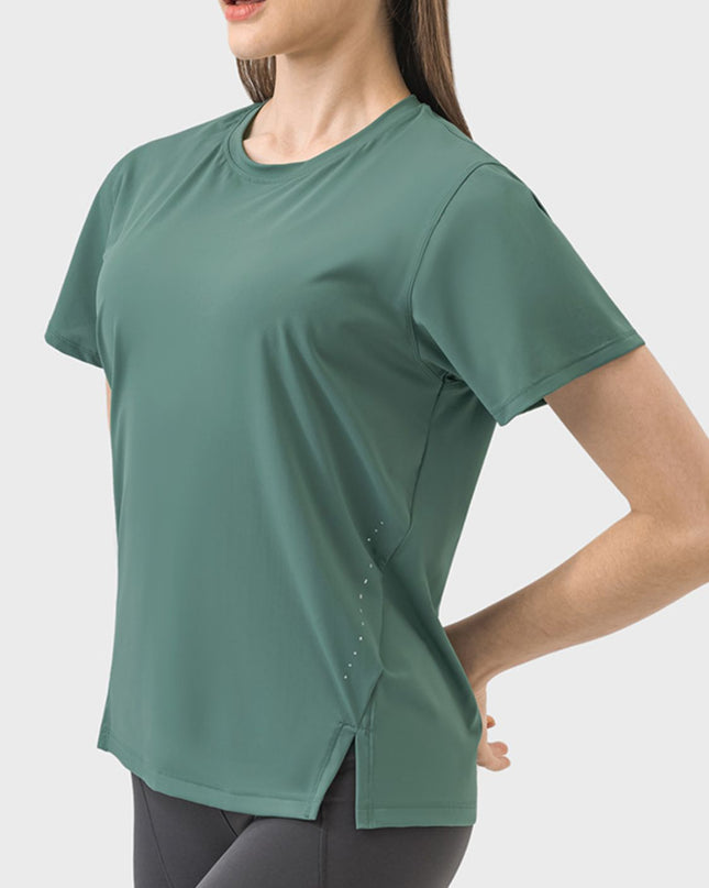 Millennia Slit Round Neck Short Sleeve Active T-Shirt