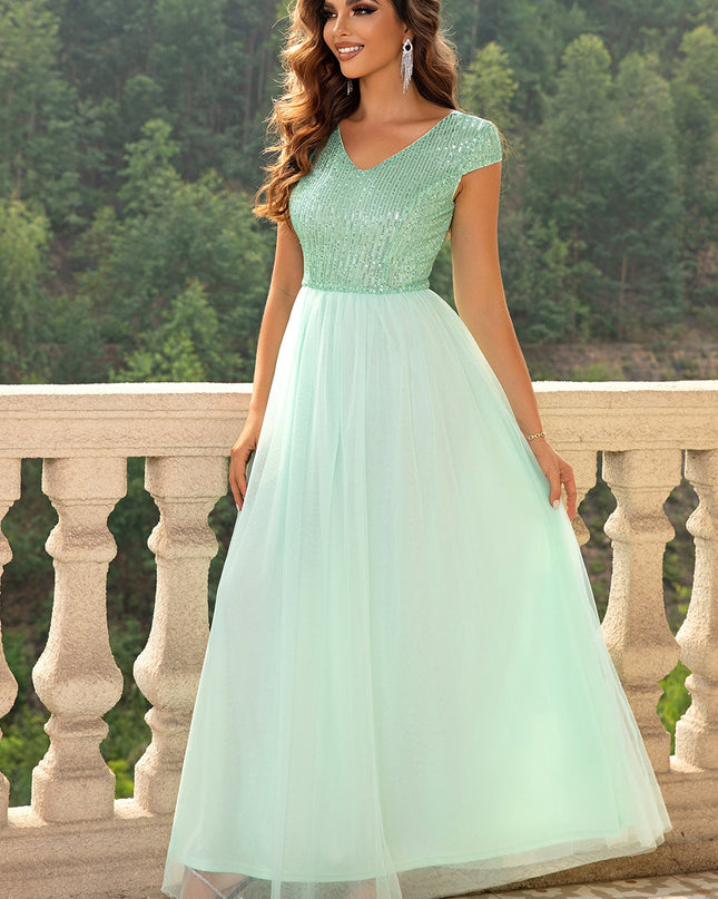 Sequin V-Neck Mesh Maxi Dress