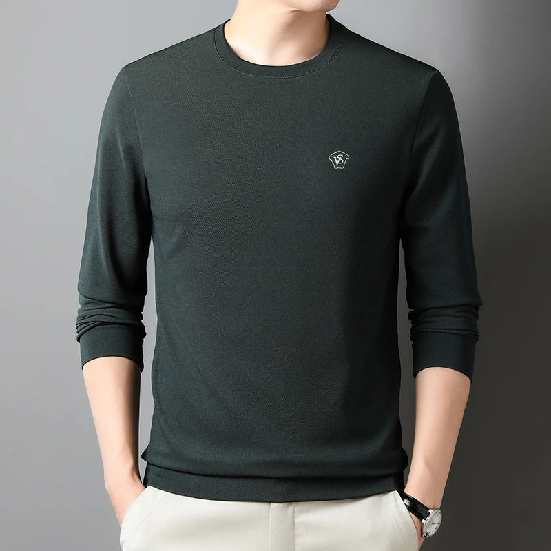 High Quality Men's Casual T-shirt Long Sleeve Solid Letter Round Neck Pullover Top