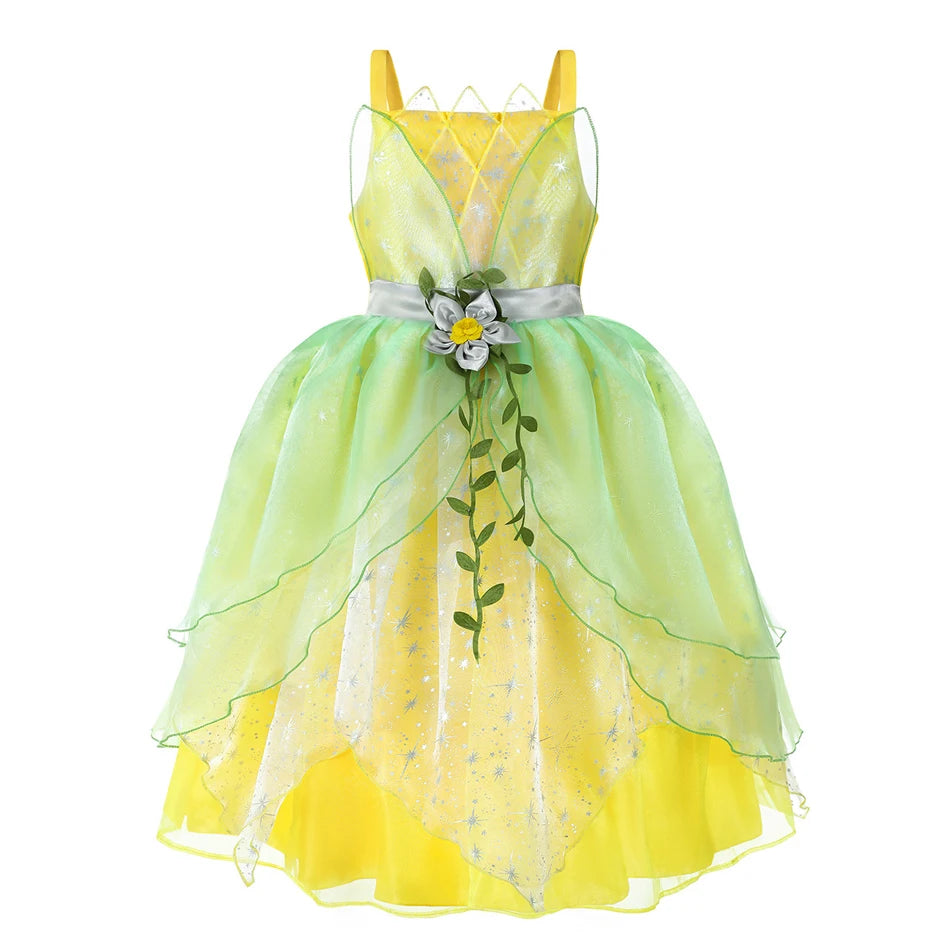 Tiana Dress Girl Black Princess Costume Halloween or Summer Theme Party Outfit