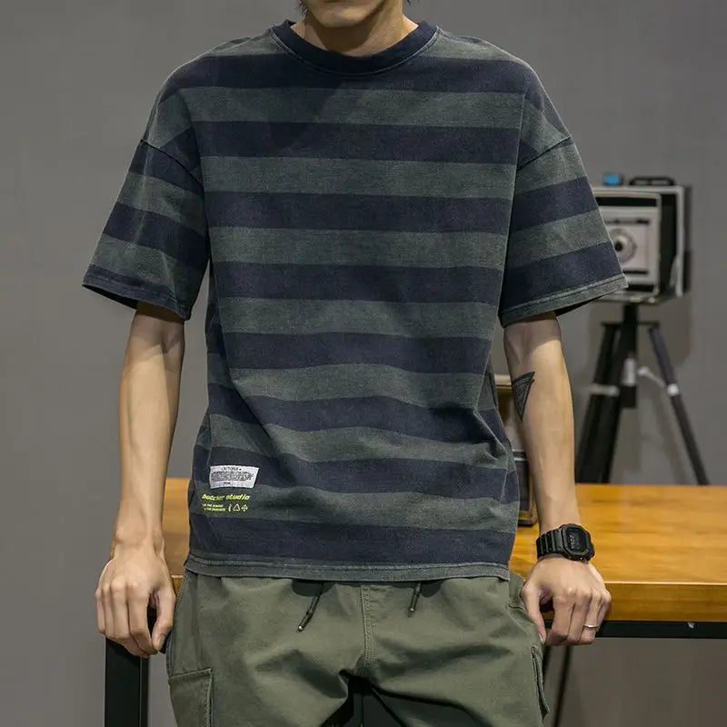 Vintage Men Short Sleeve Striped T-Shirt
