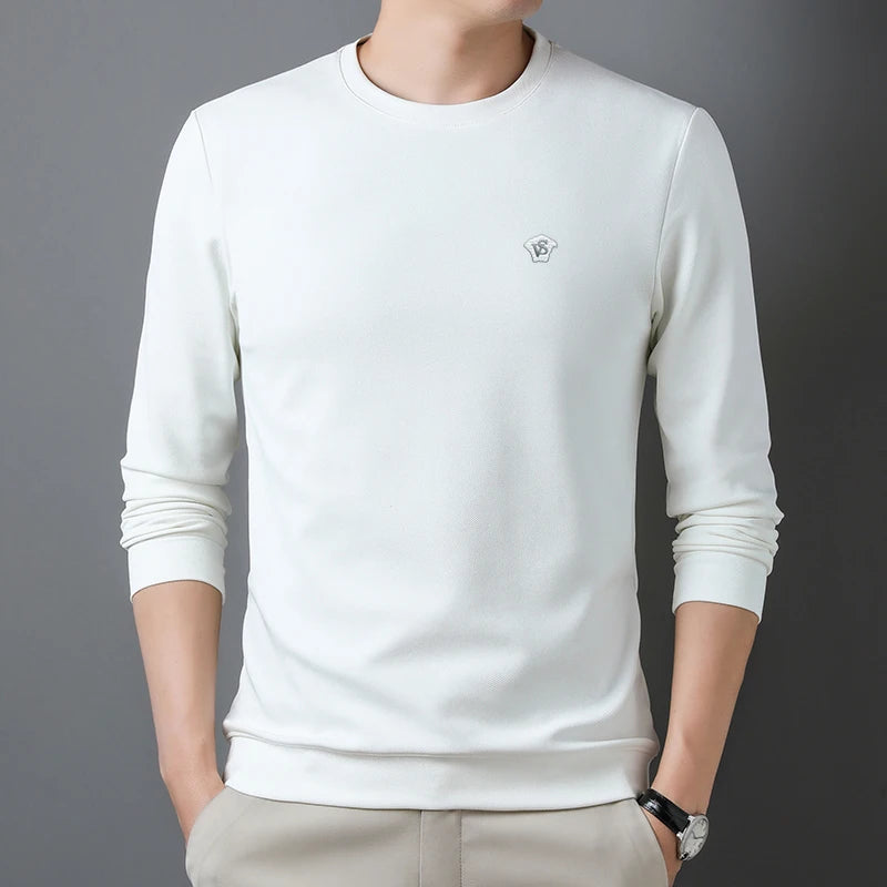 High Quality Men's Casual T-shirt Long Sleeve Solid Letter Round Neck Pullover Top