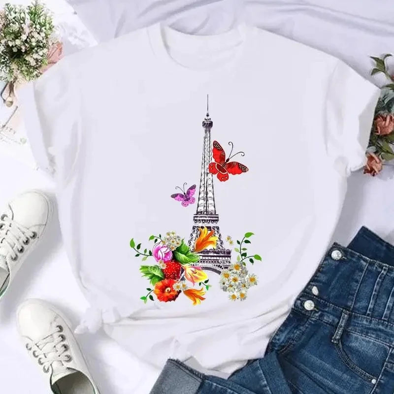 Short Sleeve Butterfly Bow Sweet Women Print T Shirt