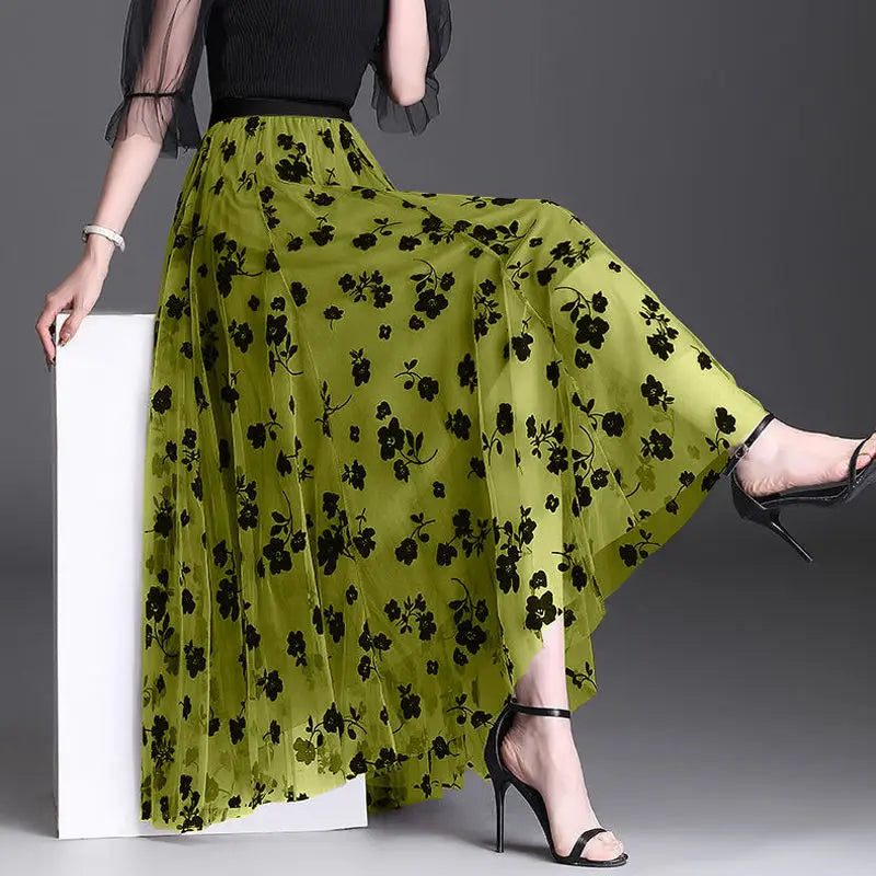 Flocking Floral Pirnted Long Mesh Skirt Women