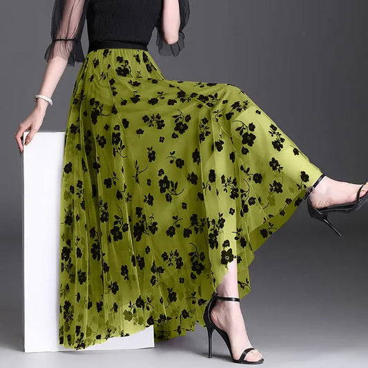 Flocking Floral Pirnted Long Mesh Skirt Women