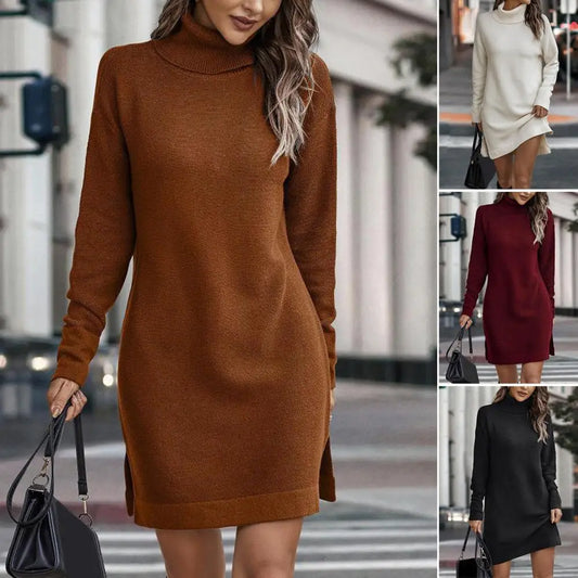 Turtleneck Long Sleeve Side Split Hem Pullover Dress