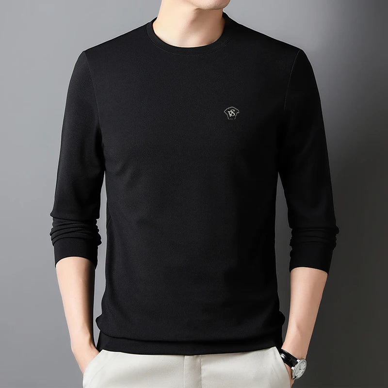 High Quality Men's Casual T-shirt Long Sleeve Solid Letter Round Neck Pullover Top