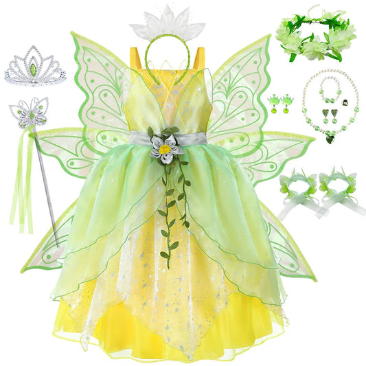 Tiana Dress Girl Black Princess Costume Halloween or Summer Theme Party Outfit