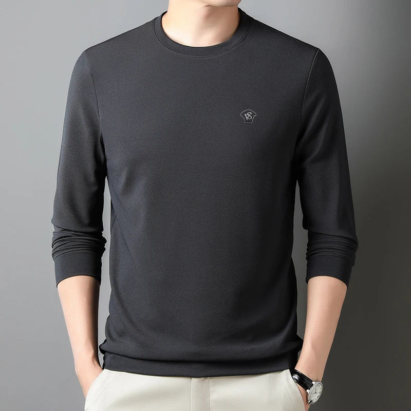 High Quality Men's Casual T-shirt Long Sleeve Solid Letter Round Neck Pullover Top