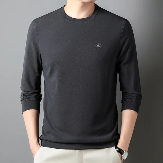 High Quality Men's Casual T-shirt Long Sleeve Solid Letter Round Neck Pullover Top