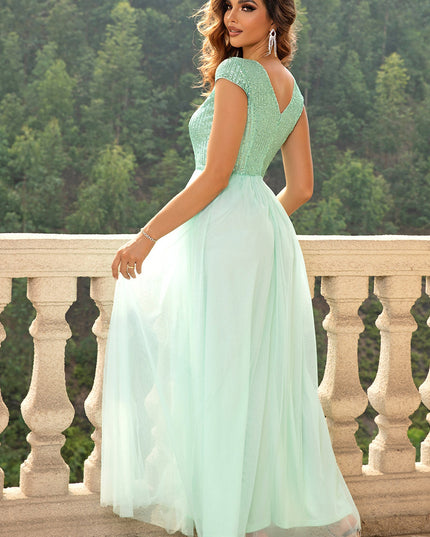 Sequin V-Neck Mesh Maxi Dress