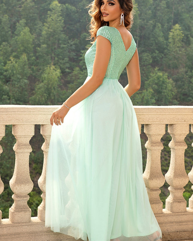 Sequin V-Neck Mesh Maxi Dress