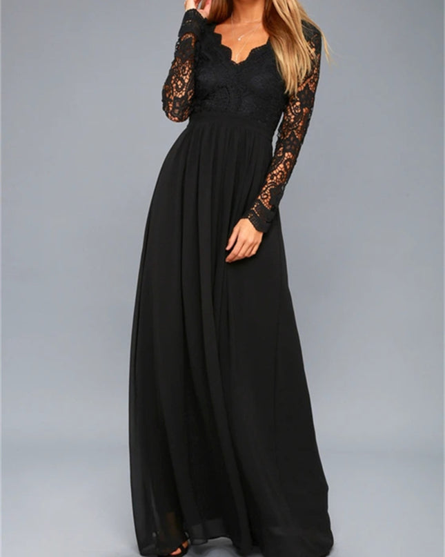 Lace Detail Backless Long Sleeve Maxi Dress