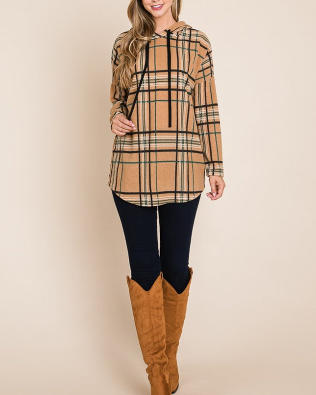 Drawstring Plaid Long Sleeve Hoodie