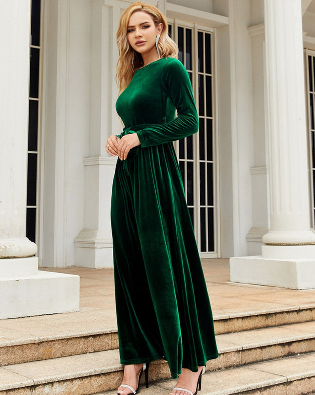 Tie Front Round Neck Long Sleeve Maxi Dress