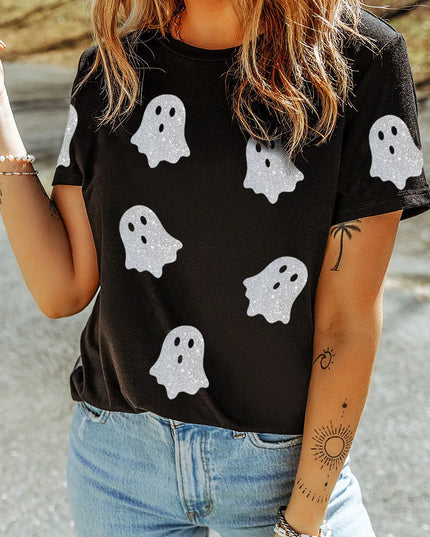 Glitter Ghost Round Neck Short Sleeve T-Shirt