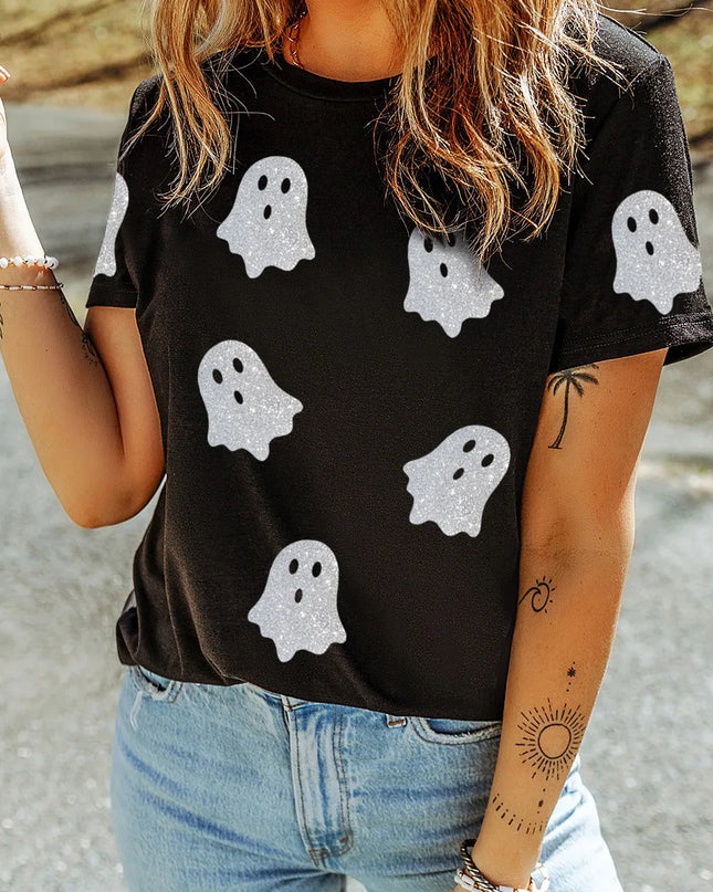 Glitter Ghost Round Neck Short Sleeve T-Shirt