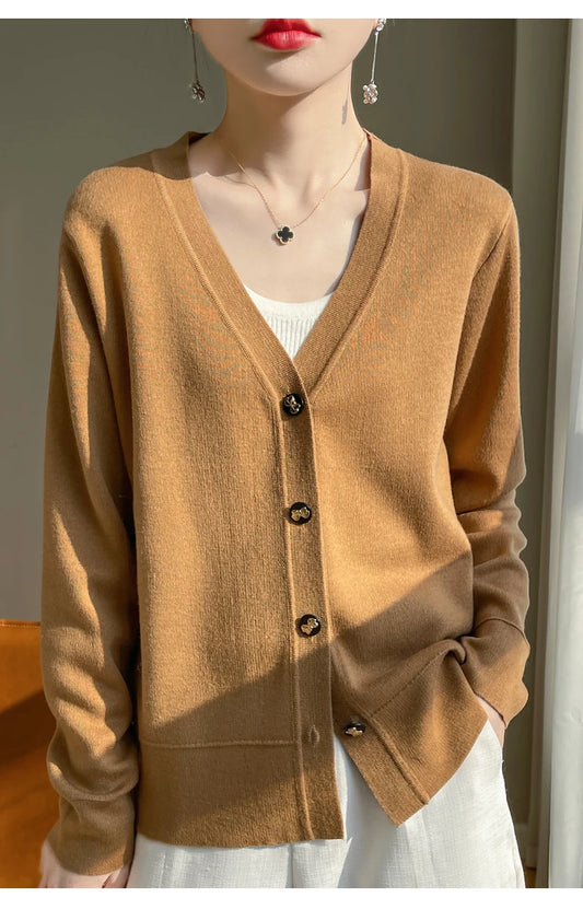 Spring New 100% Wool V-neck Sweater Cardigan
