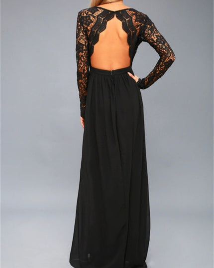 Lace Detail Backless Long Sleeve Maxi Dress