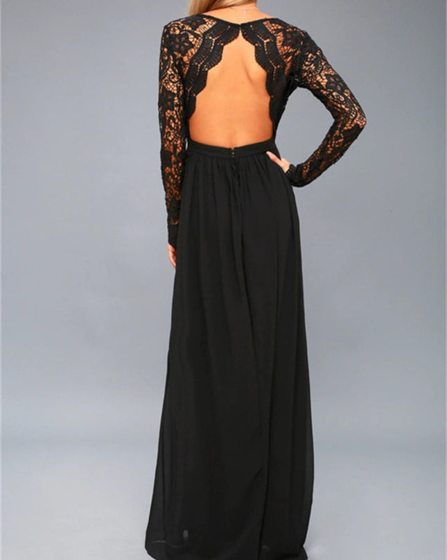 Lace Detail Backless Long Sleeve Maxi Dress