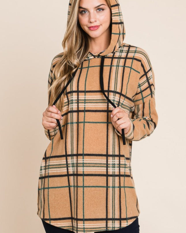 Drawstring Plaid Long Sleeve Hoodie