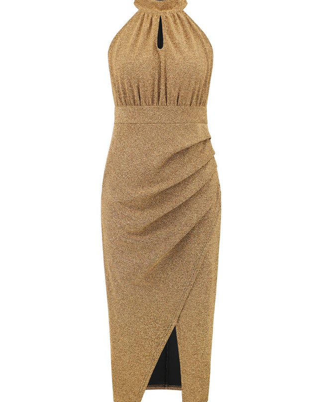 Slit Ruched Mock Neck Sleeveless Dress