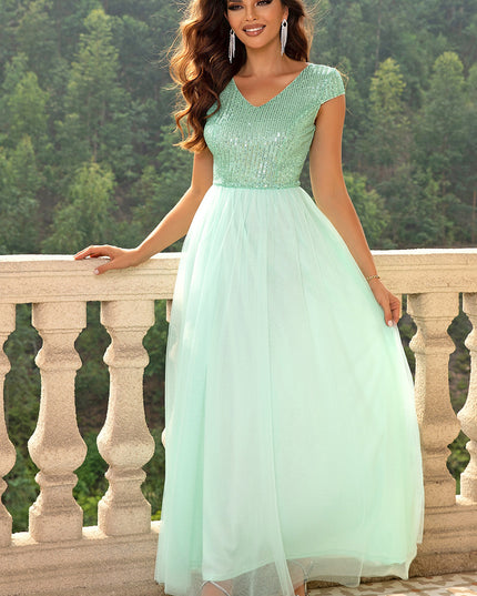 Sequin V-Neck Mesh Maxi Dress