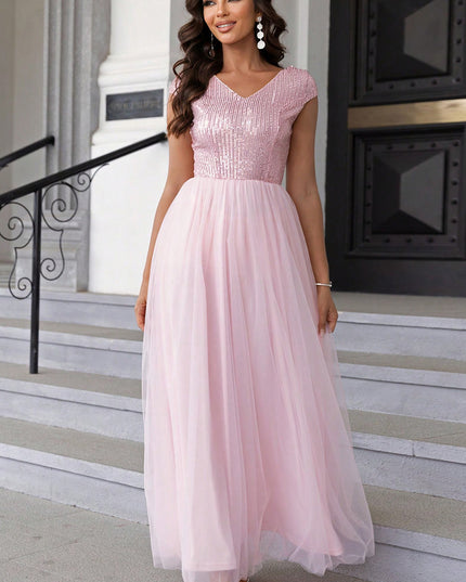 Sequin V-Neck Mesh Maxi Dress