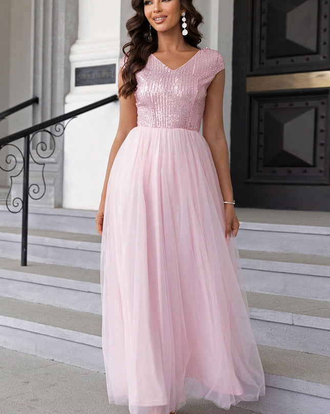 Sequin V-Neck Mesh Maxi Dress