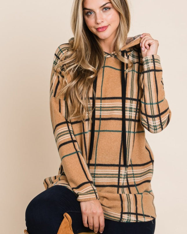 Drawstring Plaid Long Sleeve Hoodie