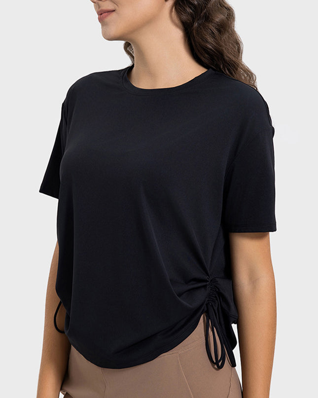 Millennia Drawstring Round Neck Short Sleeve Active T-Shirt