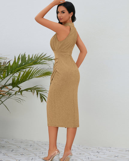 Slit Ruched Mock Neck Sleeveless Dress