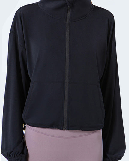 Drawstring Zip Up Dropped Shoulder Active Outerwear