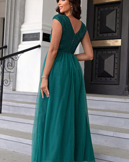 Sequin V-Neck Mesh Maxi Dress