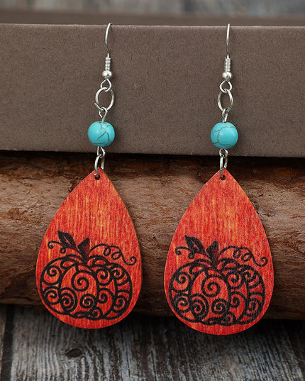 Turquoise Wooden Pumpkin Teardrop Earrings