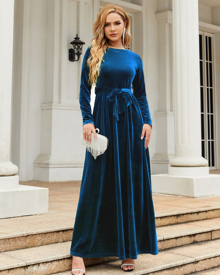 Tie Front Round Neck Long Sleeve Maxi Dress