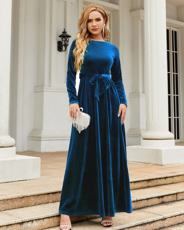 Tie Front Round Neck Long Sleeve Maxi Dress