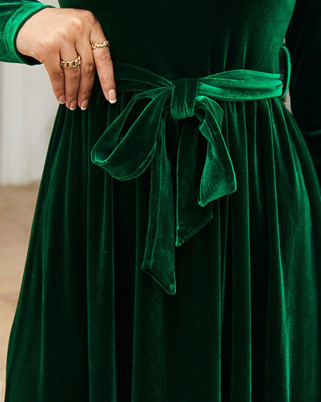 Tie Front Round Neck Long Sleeve Maxi Dress