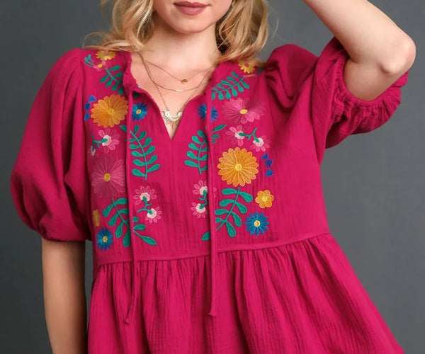 Umgee Full Size Cotton Gauze Floral Embroidery Babydoll Blouse