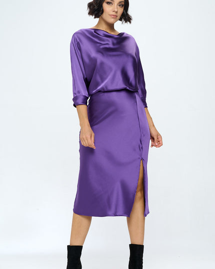 Stretch Satin Print 3/4 Sleeve Dress with Slit